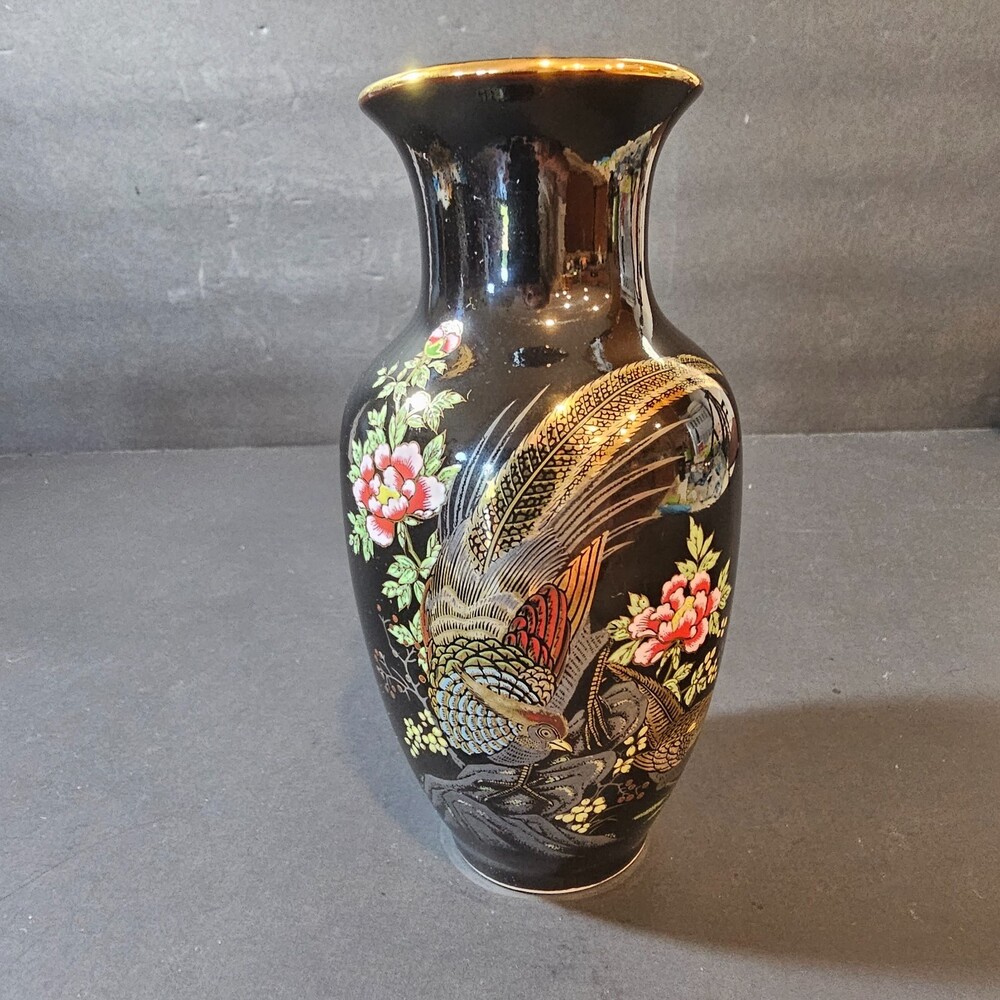 Vtg Black Japanese Cobalt Quail Hand-painted Vase Excellent Condition